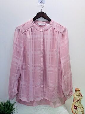 Mandarin Collar Issac Mizrahi Pale Pink Sheer Plaid Lined Dressy Summer Blouse 👚